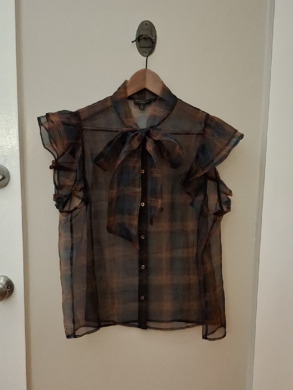 Current Air Sheer Plaid Bow-Tie Blouse in Brown and Blue_1